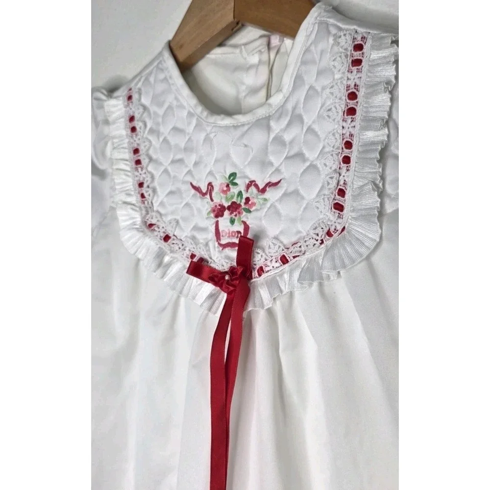Vtg Christian Dior Girl Sleep Pajama Gown Satin Sz 6 White Flowers Ribbon *flaws